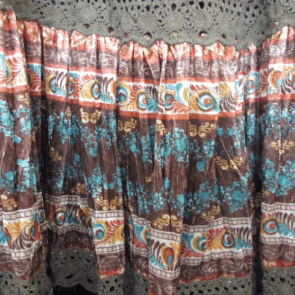 Temptation Italy Brown Velvet Boho Gypsy Lace Trim 2 Piece Top and Skirt - Picture 10 of 16